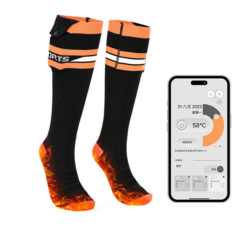Chaussettes longues chauffantes TENGOO avec contrôle via une application, réglage de la température sur trois niveaux, batterie de 6000 mAh avec charge USB, chaussettes chaudes pour les sports d'hiver en extérieur.