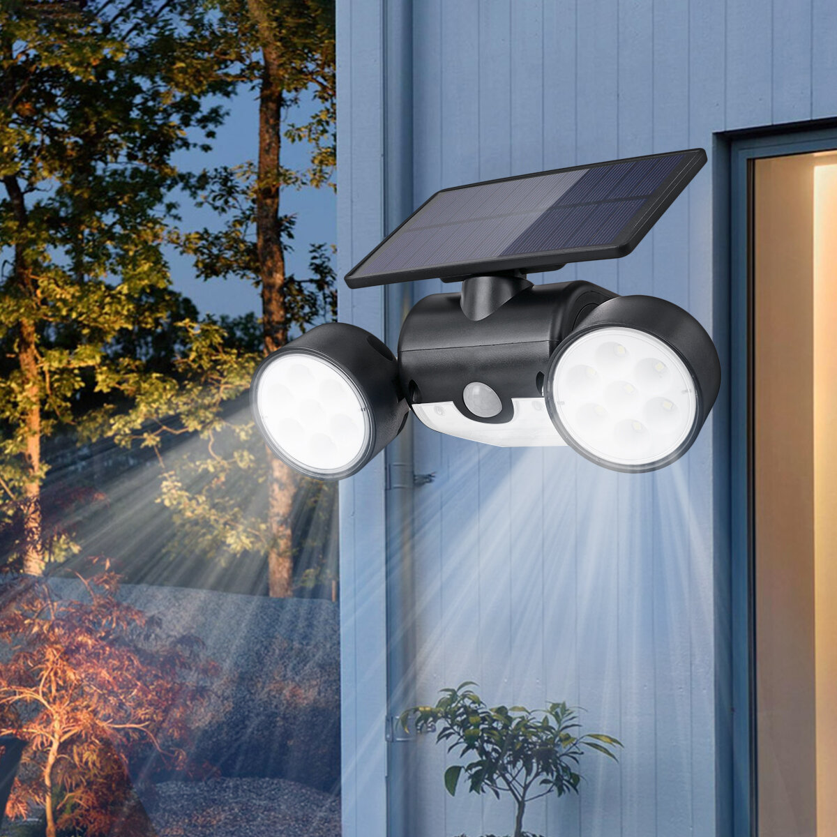 

LED Solar Power Street Light Double Head Spotlight PIR Motion Sensor Wall Lamp Outdoor Garden Path Yard Lighting