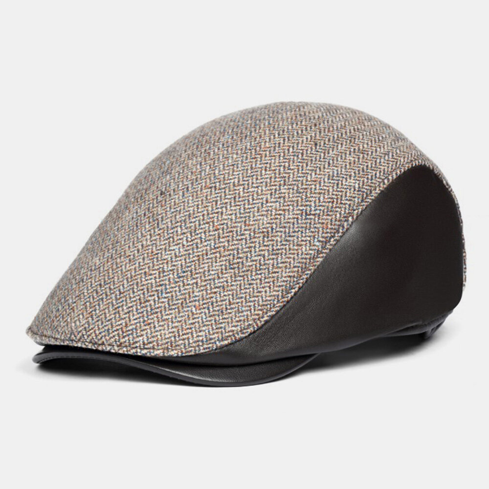 

Men Genuine Leather Woolen Stitching Warm Hat Winter Outdoor Ear Protection Earmuffs Windproof Beret Cap Forward Cap