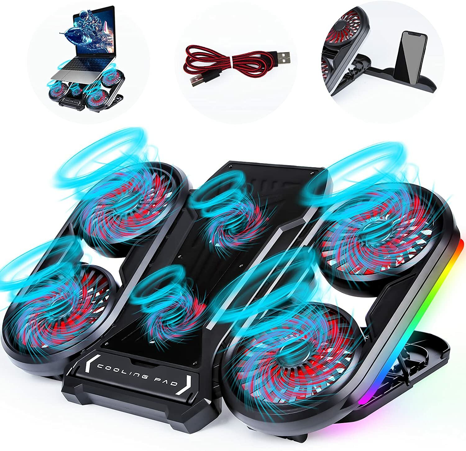 

NUOXI Q6 Gaming Laptop Cooler RGB Cooling Pad Radiator USB 6 Fans Computer Stand with Mobile Phone Holder for Under 18