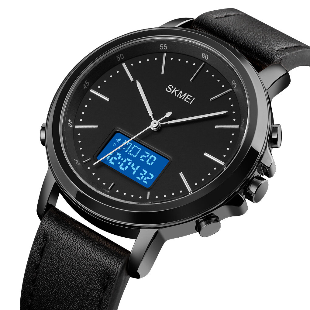 SKMEI 1652 Leather Alarm Stopwatch Sport Watch Luminous Display Men Waterproof Dual Display Digital 