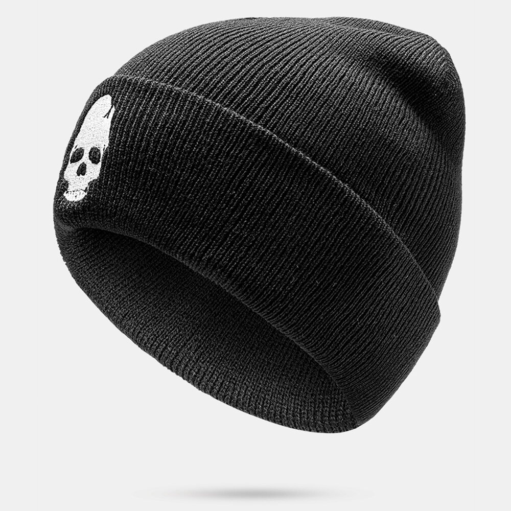 Men Solid Color Skull Embroidery Pattern Knitted Hat Fashion Ear Protection Warm Brimless Beanie Lan