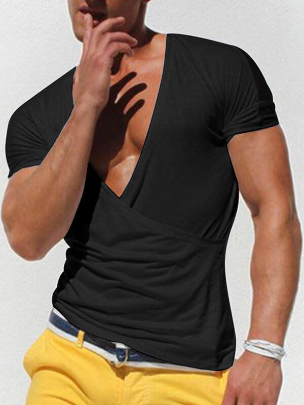 

Mens V Neck Cross Wrap Muscle Workout Summer Casual T-Shirt