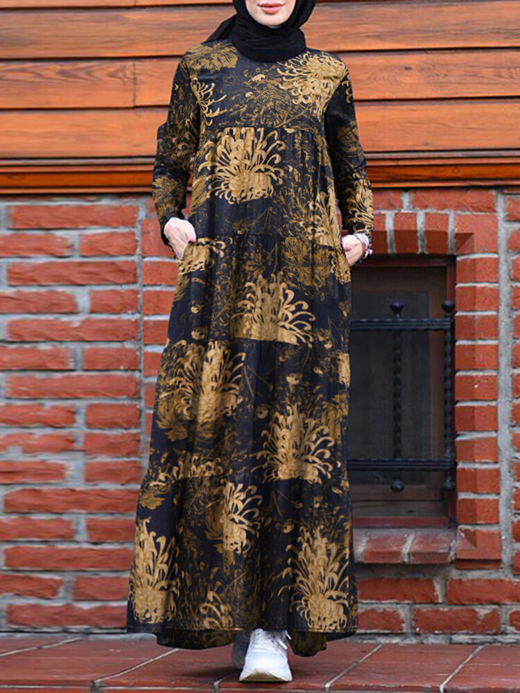 Women Vintage Print Tiered Zip Back Long Sleeve Kaftan Maxi Dresses With Pocket