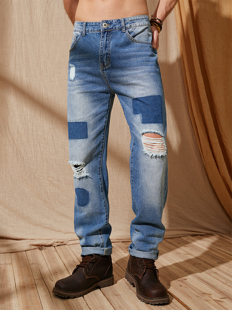 Lange casual jeans met gepatchte gescheurde ritssluiting voor heren