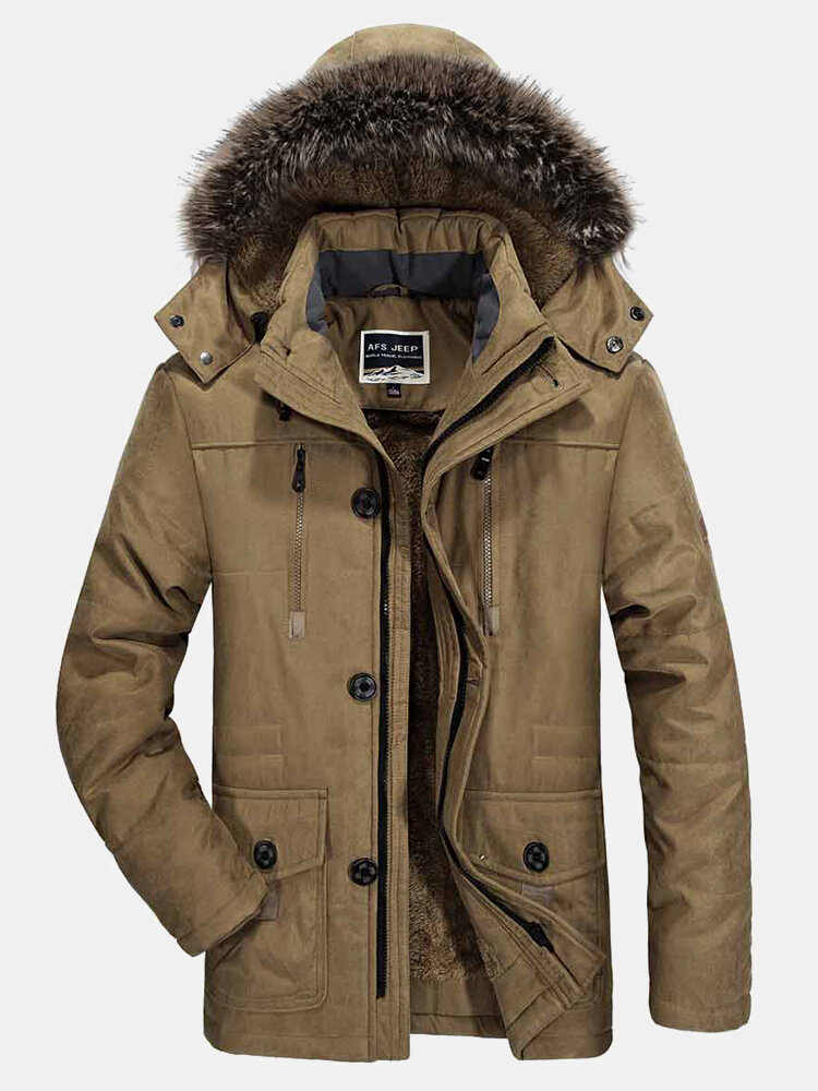 Men's Fleece Lined Multi Pocket Faux Fur Collar Detachable Hooded Coat