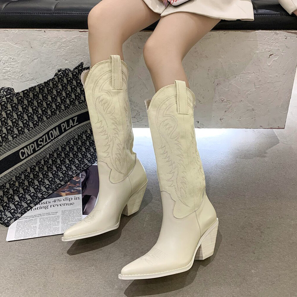 Women Embroidered Pointed Toe Chunky Heel High Cowboy Boots