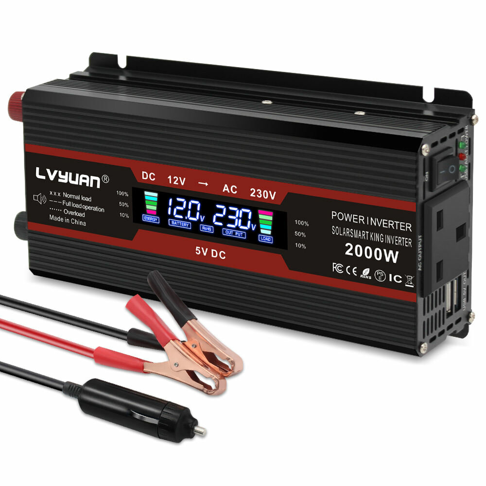 [EU Direct] Lvyuan F-2000A شاشة LCD 800W إخراج مستمر قمة 2000W محول موجة جيبية معدلة للمركبات 12V إلى 220V محول بنك طاقة محمول في الهواء الطلق مقبس USB مزدوج الاتحاد الأوروبي