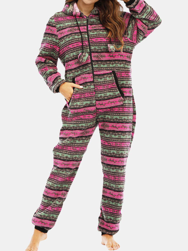 Dames kerst fleece gestreept huis met trekkoord lange mouw One Sets pyjama met capuchon