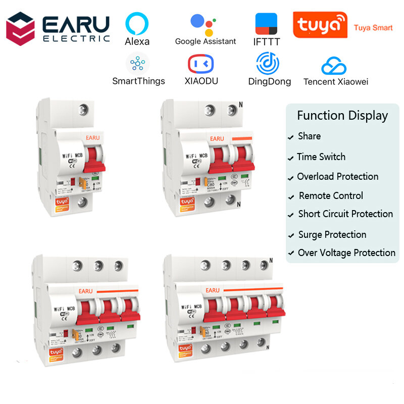 EARU Tuya WIFI Wireless Smart Automation Switch 1P 2P 3P 4P 10A-125A Приложение с таймером автоматического выключателя V