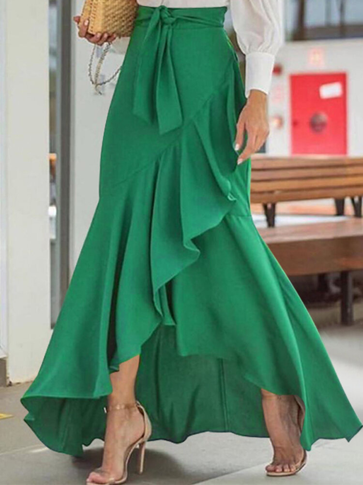 Solid Color High Waist Ruffle High Low Hem Swing Maxi Skirts For Women, Celmia  - buy with discount