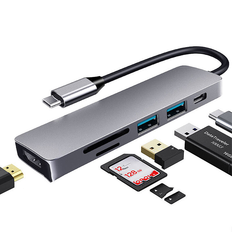 

6 в 1 Тип-C Док-станция Адаптер-разветвитель концентратора USB-C с USB3.0 * 2 PD3.0 4K Поддержка HDMI Слот для чтения ка