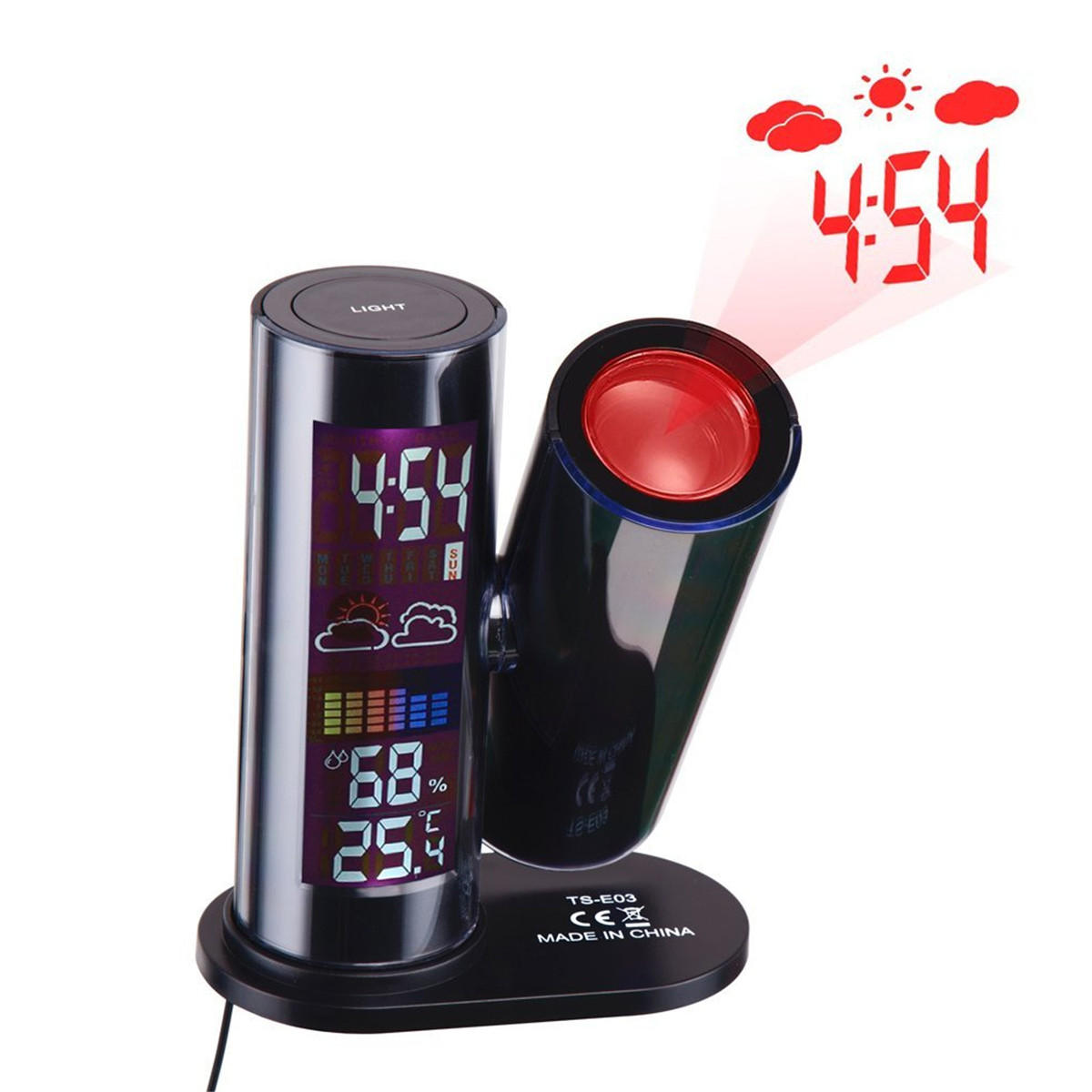 

TS-E03 LCD Digital Projection Weather Date Temperature Humidity Meter 360° Rotatable LED Alarm Clock Digital Thermometer