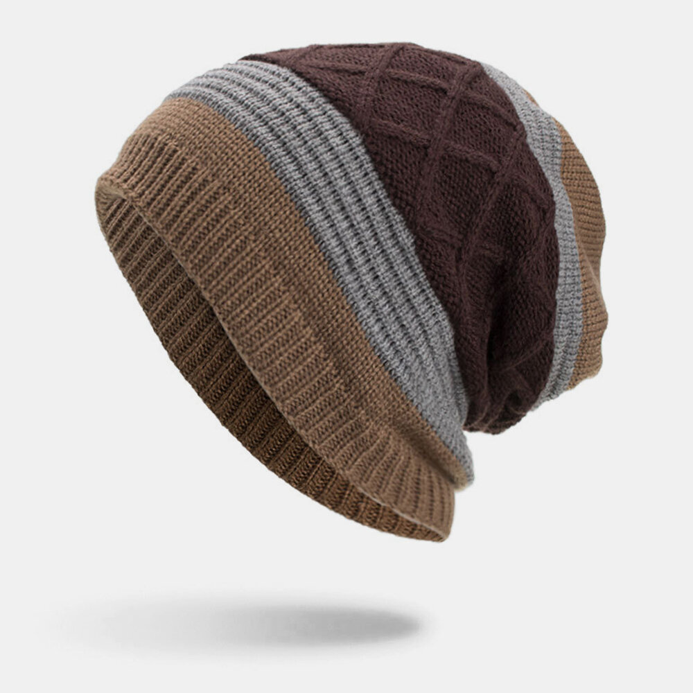 Men Winter Plus Velvet Striped And Diamonds Pattern Outdoor Knitted Warm Beanie Hat