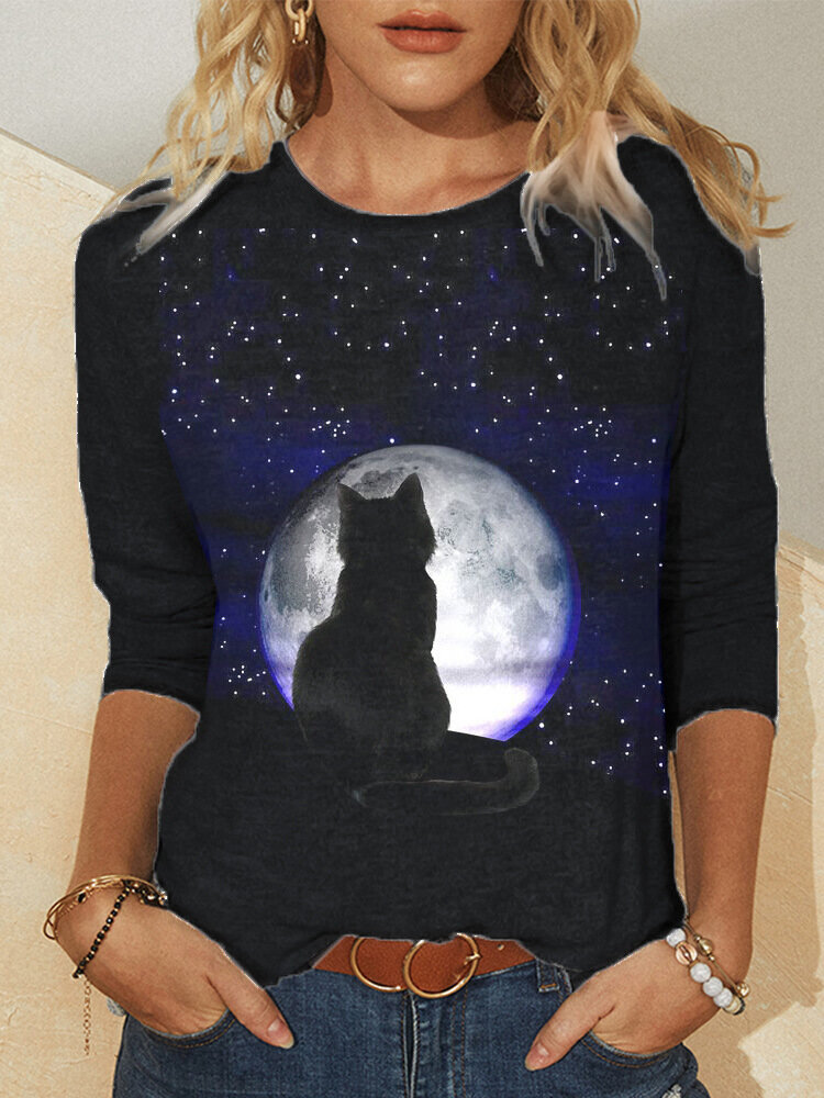 Women Starry Sky Moon Cat Print Cute Long Sleeve Blouses