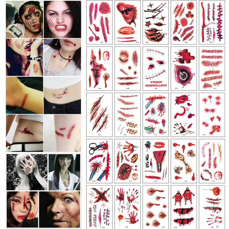 30 stks / set Waterdichte Halloween Bloody Wound Tattoo Sticker Scary Levensechte Tijdelijke Tattoo 