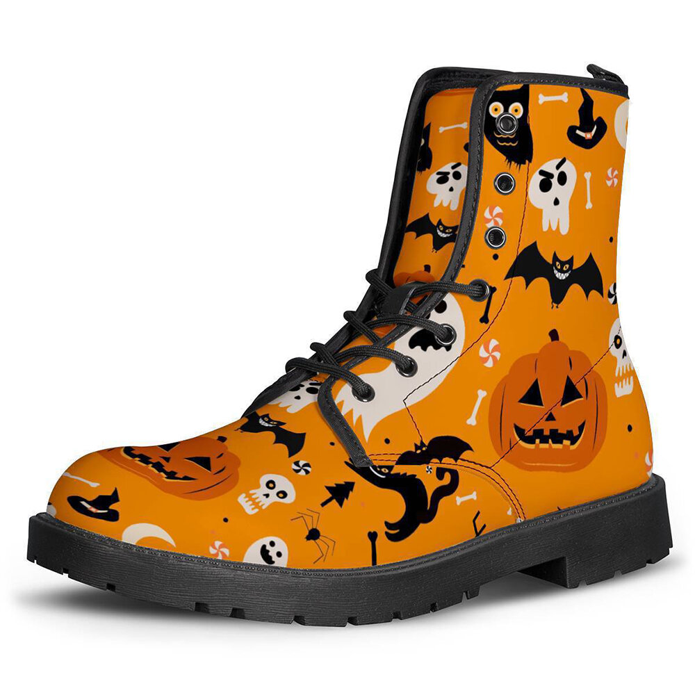 

Women Funny Pumpkin Ghost Printing Leather Comfy Soft Chunky Heels Round Head Halloween Martin Boots