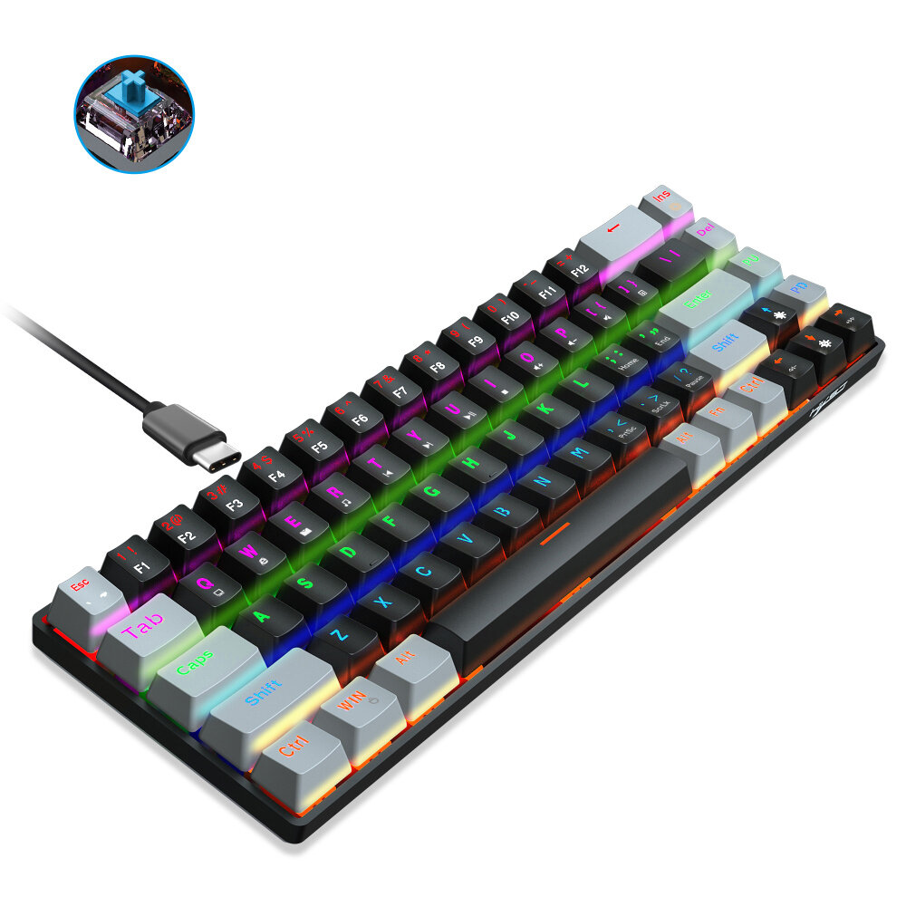 HXSJ V800 68 Keys Mechanical Keyboard Type-C Wired Blue/Red Switch Black&Grey Keycaps Colorful LED Backlit Gaming Keyboa