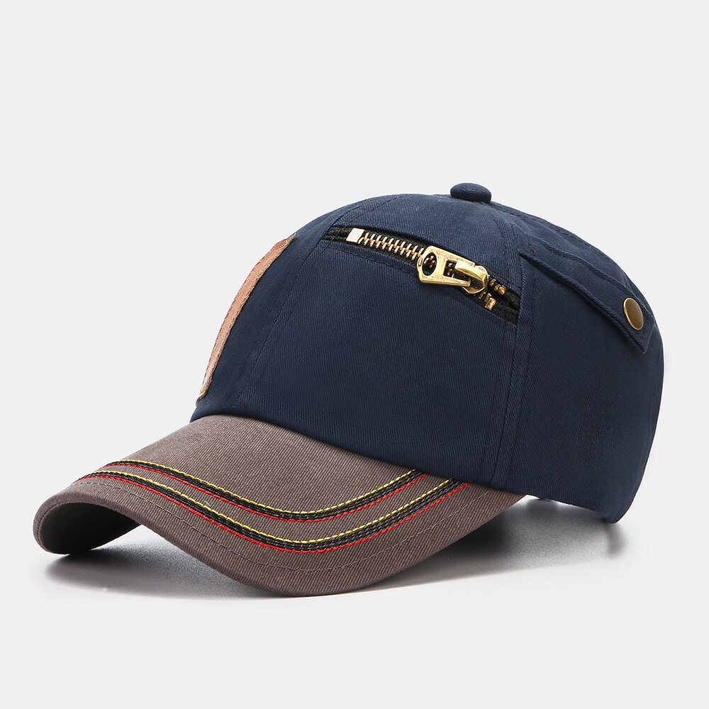 Collrown Men Contrast Color Patch Zipper Decor Vintage Fashion Sunshade Baseball Hat
