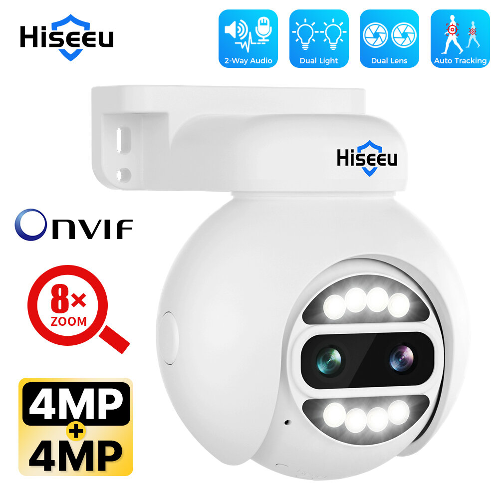 

Hiseeu 4MP+4MP Dual Lens PTZ POE IP Camera 8X Zoom Full Color Night Vision 2-Way Audio H.265+ IP65 Waterproof CCTV Secur