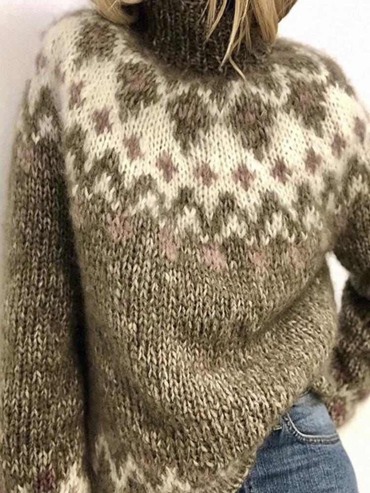 Women Vintage Pattern Knit Raglan Sleeve Casual Pu