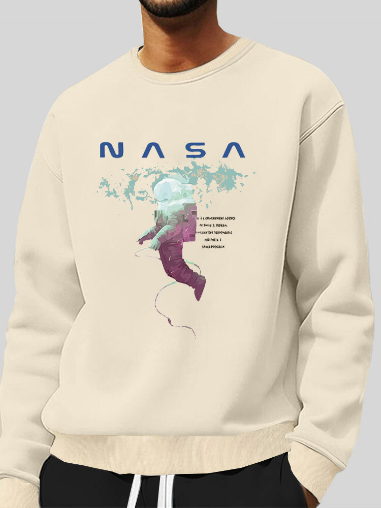 Mens Astronaut Letter Print Crew Neck Pullover Sweatshirts