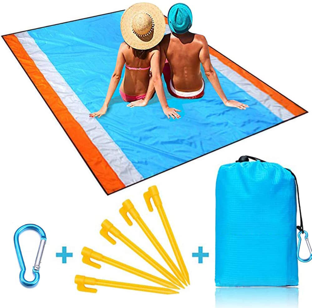 Cobertor de praia impermeável à prova de areia de 200x210cm para 1-6 pessoas, dobrável como um tapete de piquenique para camping com prego de chão e mosquetão.