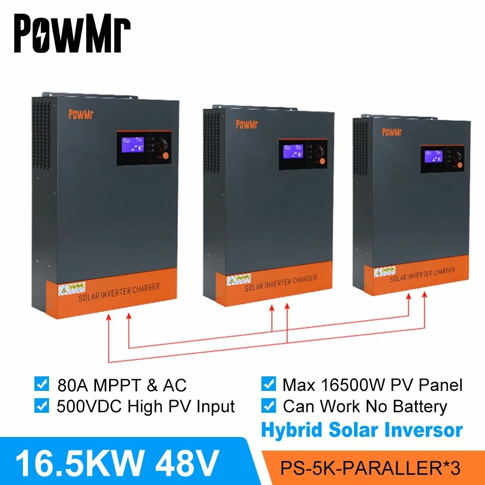 PowMr 3pcs 16.5KW 220Vac/380Vac DC 48V Three Phase Solar Inverter With MPPT 80A Solar Controller PV 500V Can Work Withou
