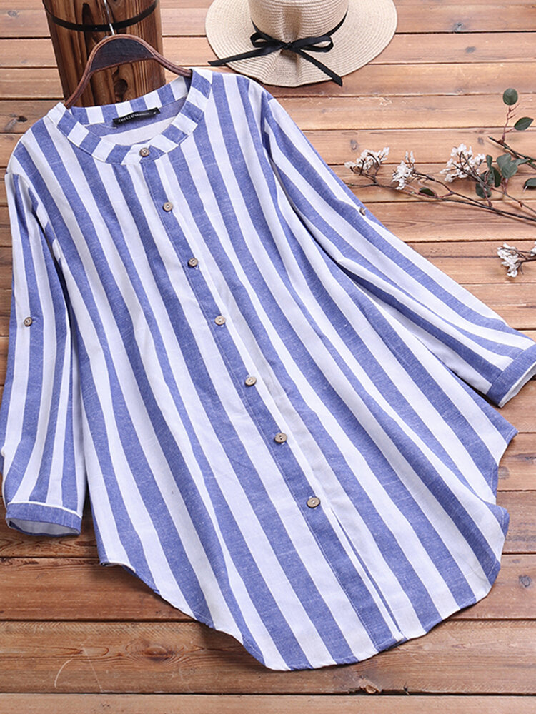 Striped Button Stand Collar Long Sleeve Casual Shirt