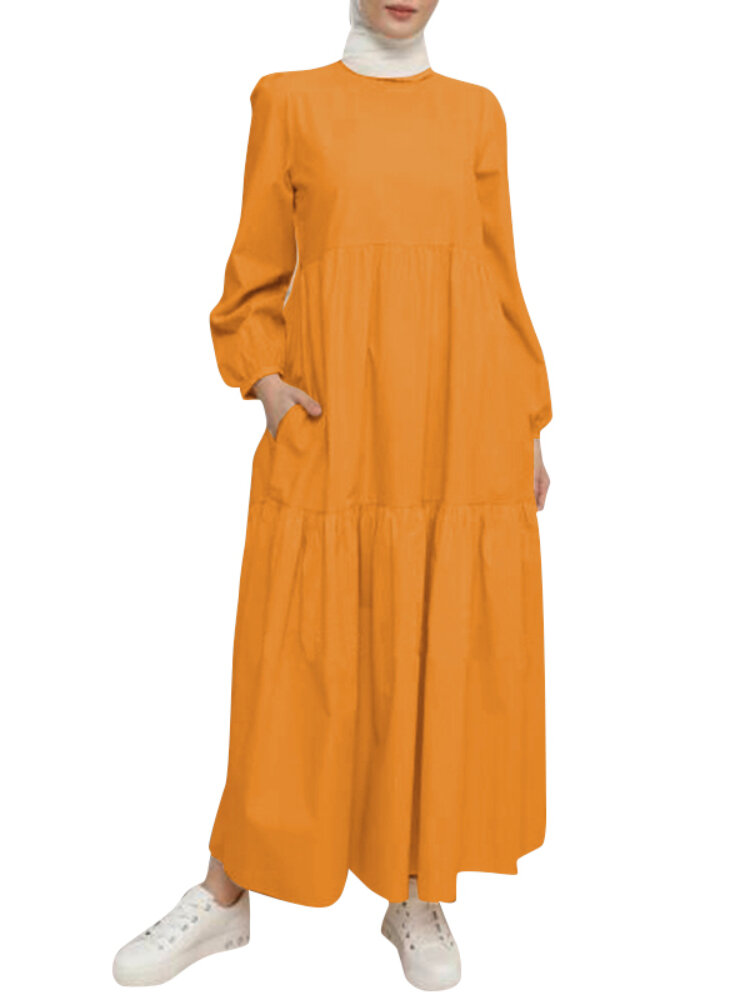 Abaya Kaftan-jurk met effen ronde hals en gelaagde knopen op de rug