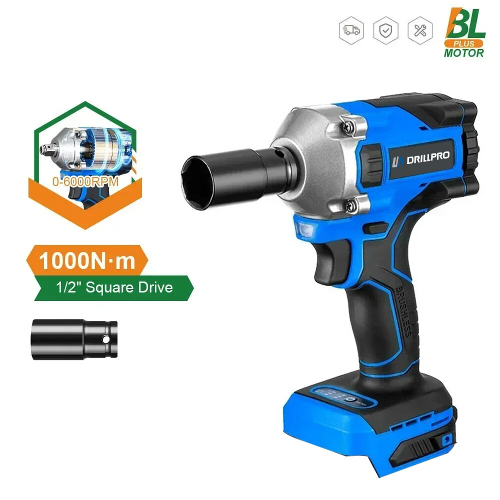 

Drillpro 1000N.m High-Torque Brushless Electric Cordless Wrench Adjustable 3 Gears with LED Work Light High Impact Cordl