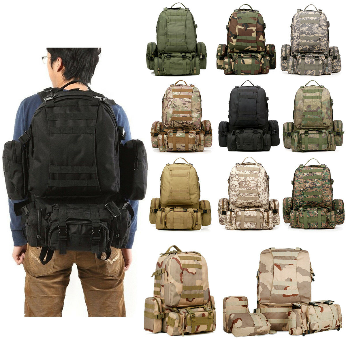 50L 600D katonai nejlon szabadtéri sport hátizsák hátizsák kemping túrázás álcázás válltáska csomag
