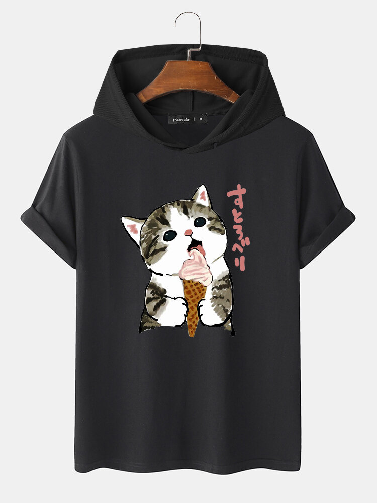 T-shirts met korte mouwen en capuchon met trekkoord, Japanse schattige kat voor heren