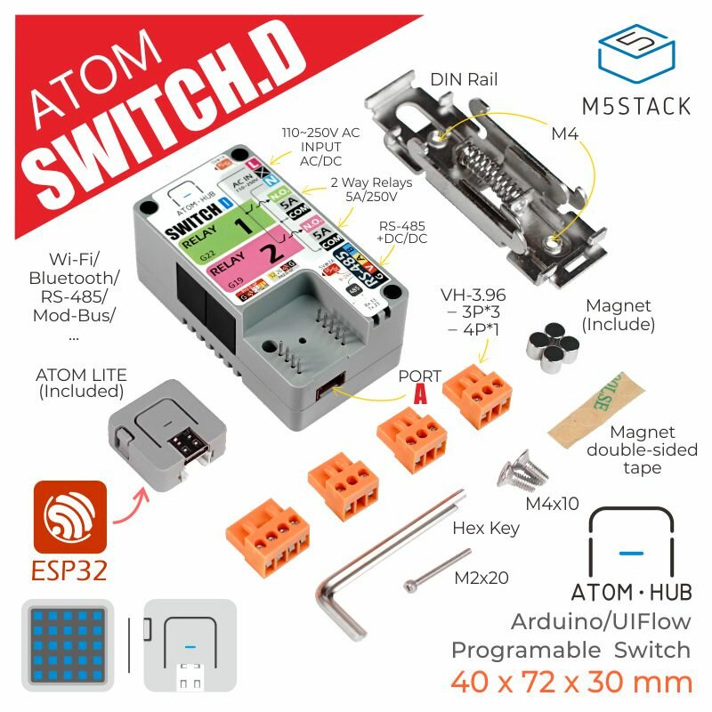 

M5Stack® ATOM HUB SWITCH Kit Intelligent Switch Bi-Directional Control Programable Industrial Scenarios