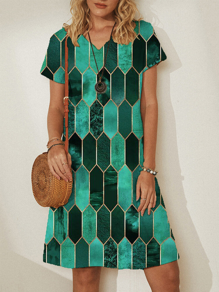 Vintage Geometry Print V-neck Short Sleeve Bohemian Midi Dress For Women