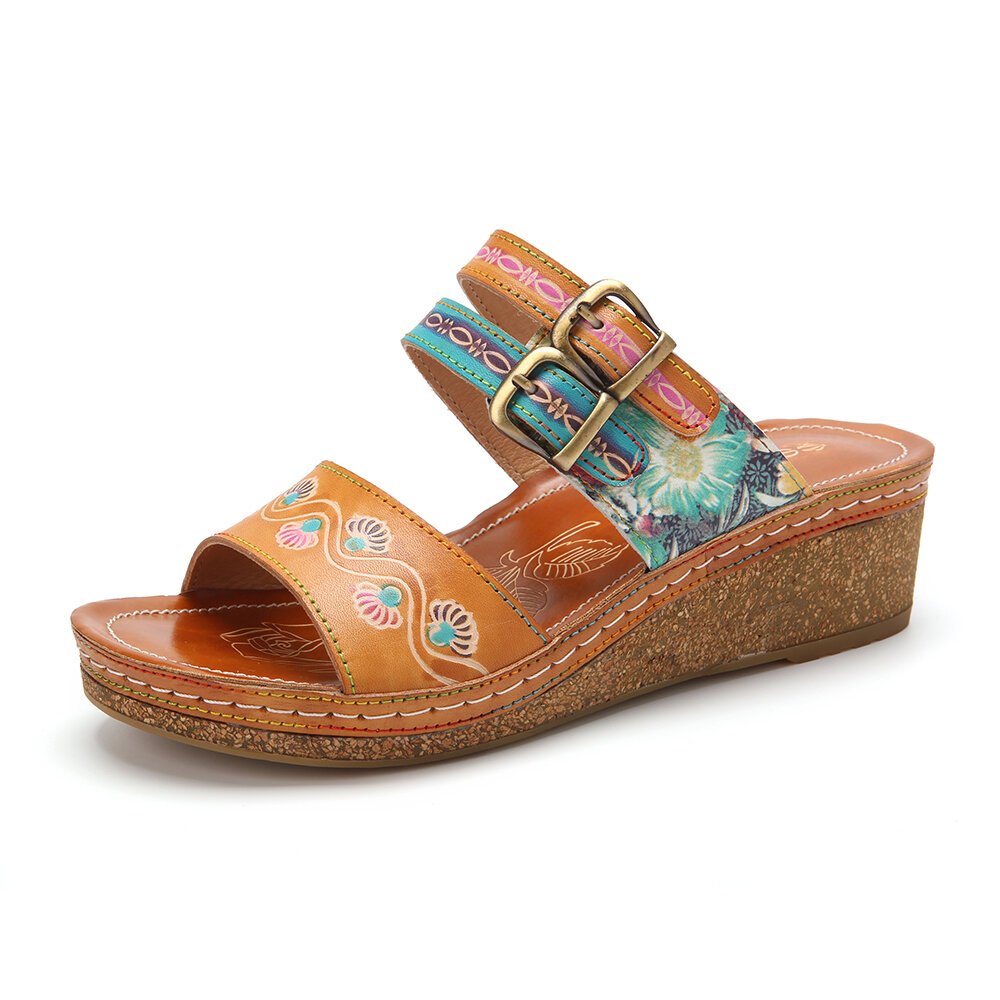 

Socofy Genuine Leather Comfy Halcyon Beach Vacation Bohemian Ethnic Belt Buckle Decor Wedges Sandals