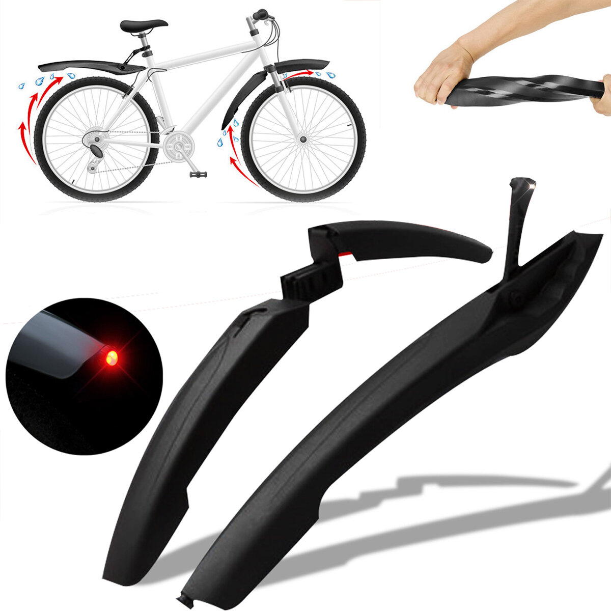 2 Pcs Bike Fender Front Rear Bicycle Mud Guard Cycling Tire Mudguard with Lights Mountain Bike Mudguards