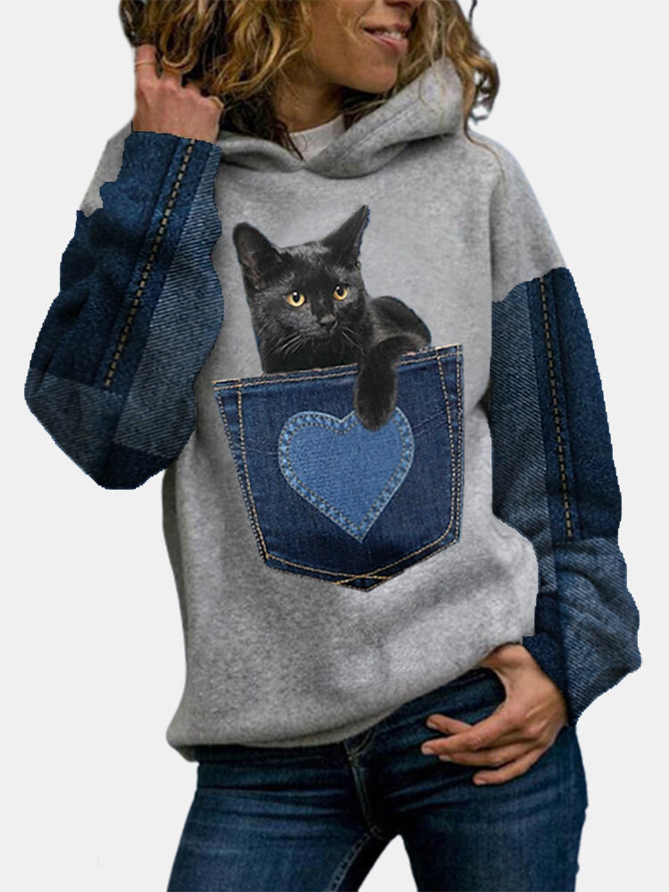 Women Black Cat Print Denim Patchwork Casual Pullover Hoodie