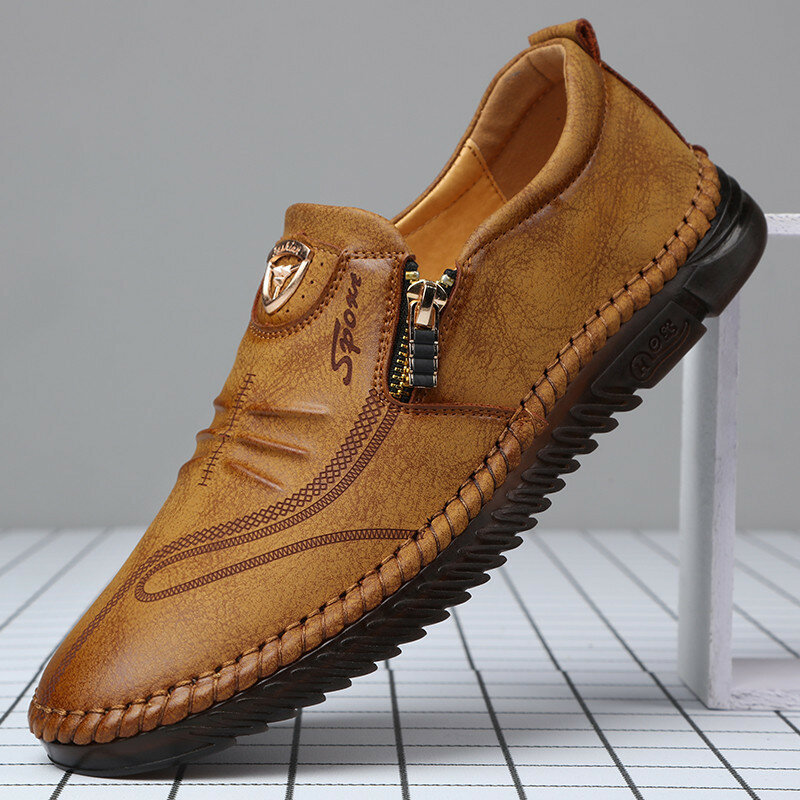 Men Side Zipper Letter Hand Stitching Hard Wearing Casual Shoes