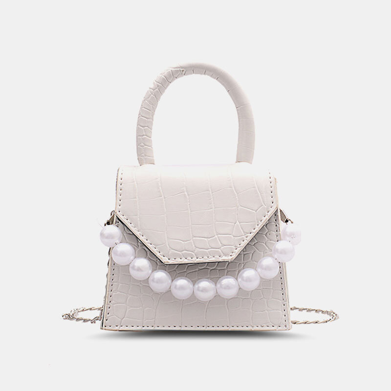 Women Pearls Chain Decor Flap Embossed Snake Pattern Mini Handbag Crossbody Bag Shoulder Bag