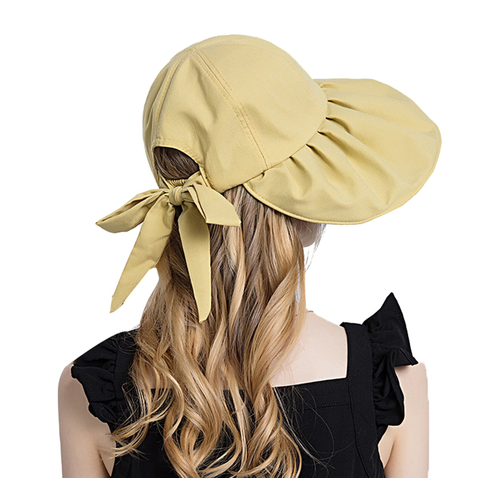 Women Polyester Cloth Casual Outdoor Bowknot Back Brim Ponytail Foldable Sunshade Bucket Hats