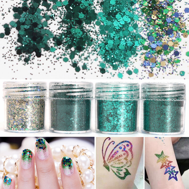 4 box 10ml Green Iridescent Nail Art Glitter Powder Sheet 1mm Sequins Sparkly Colorful Acrylic Tips