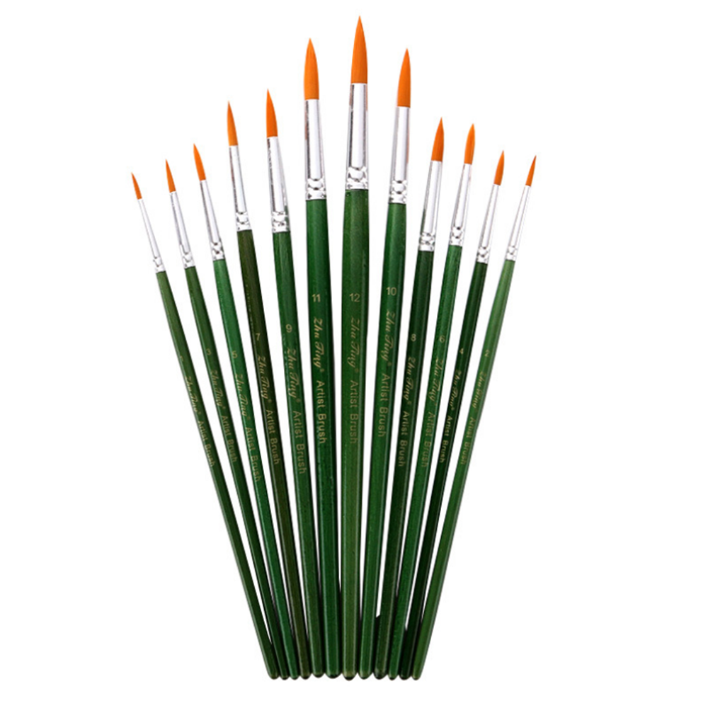 12-delige schilderborstel Nylon haar groen hout penhouder olieverf haak lijn pen voor acrylverfbenod