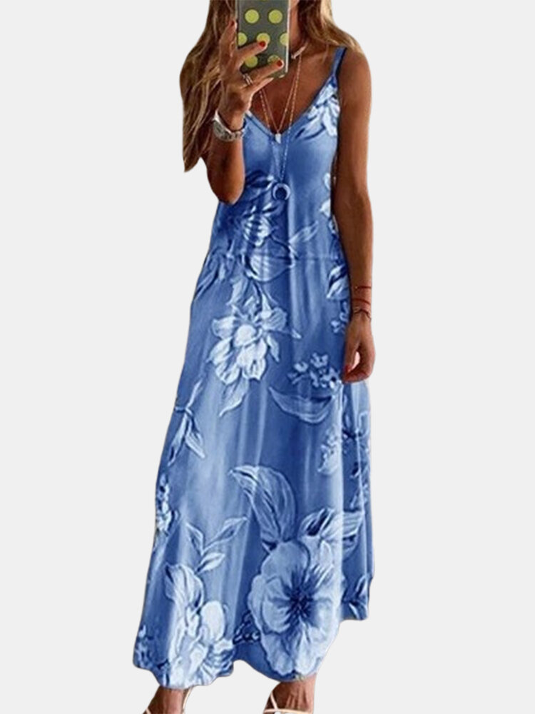 Casual Sleeveless Straps V-neck Floral Print Maxi Dress For Women