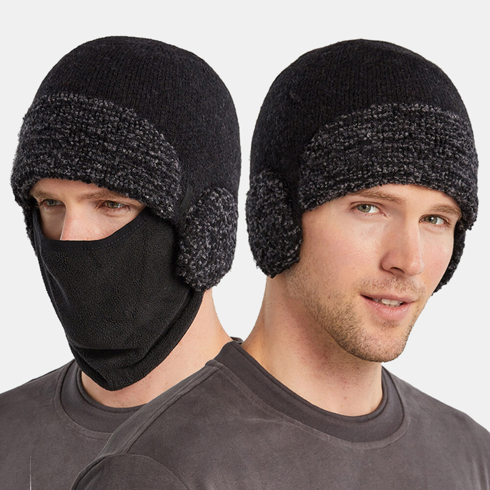 Unisex Dual-use Detachable Mask Plus Thick Warm Windproof Face Ear Protection Headgear Knitted Hat F