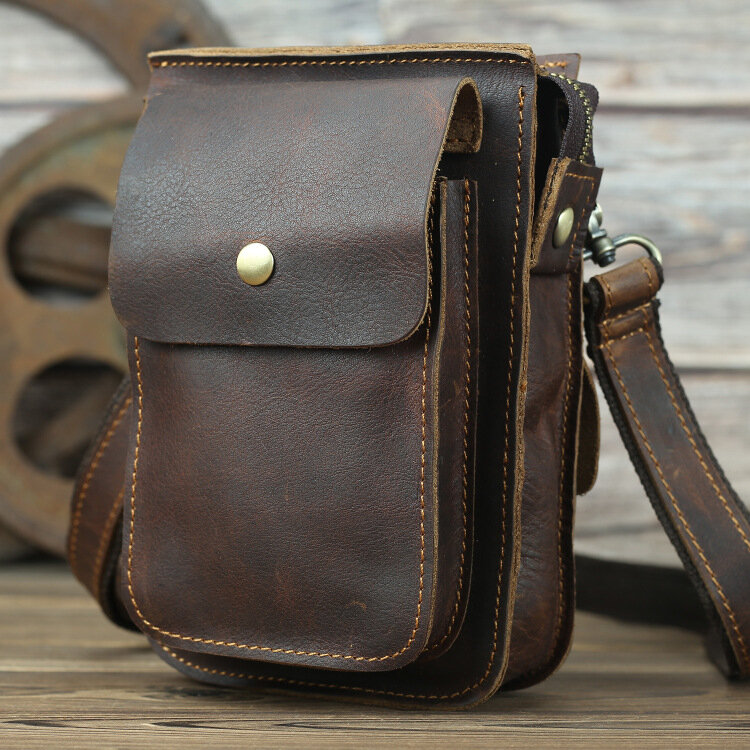 

Men Genuine Leather Retro Outdoor Multi-carry 7 Inch Phone Bag Shoulder Bag Crossbody Bag Waist Bag With Belt Loop