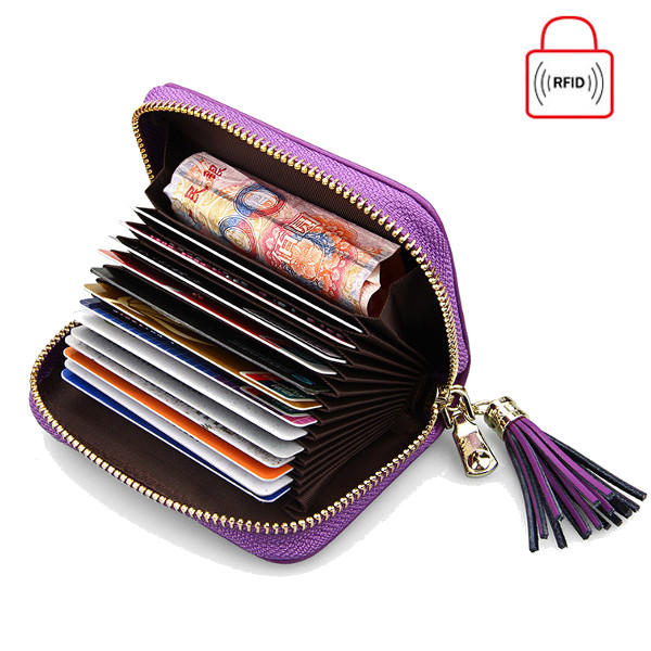 

Women Genuine Leather RFID Quilted Card Holder Girls Tassel Zipper Short Wallet Coin Bags