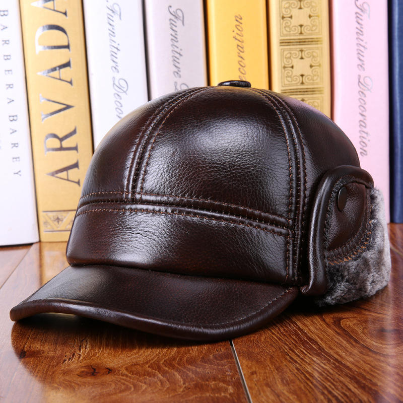 

Winter Vintage Cowhide Genuine Leather Earmuffs Hat Warm Fleece Liner Cap Mature Mens Cap