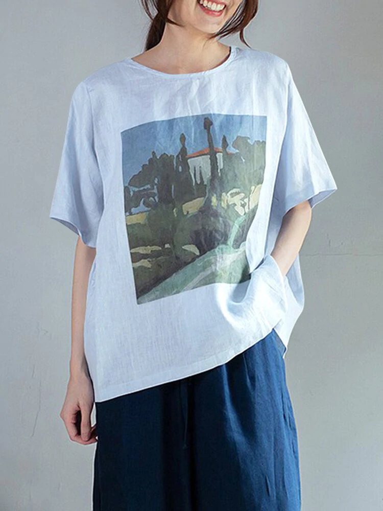 Landscape print round neck short sleeve cotton loose casual t-shirt