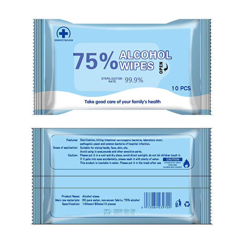 

XINQING 1 упаковка из 10 шт. 75% Медицинская Алкогольные салфетки 99,9% Антибактериальная дезинфекция Чистящие влажные с